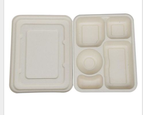 กล่องอาหารกลางวันแบบใช้แล้วทิ้ง 5 ตารางพร้อมฝาปิดกล่องอาหารกลางวันย่อยสลายฟางข้าวสาลี